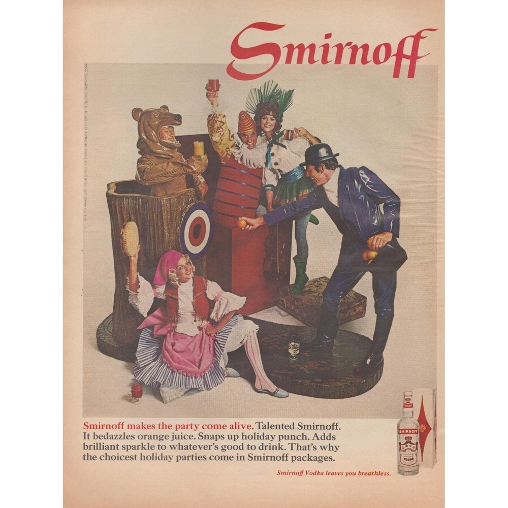 1968 Smirnoff Vintage Print Ad Vodka Party Costume Holiday Bar Decor Art
